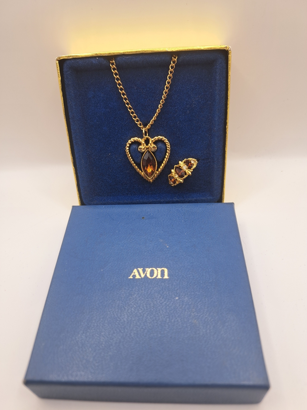 Avon Gold-Tone Heart Pendant Necklace and Ring Set with Amber Stones - Gold